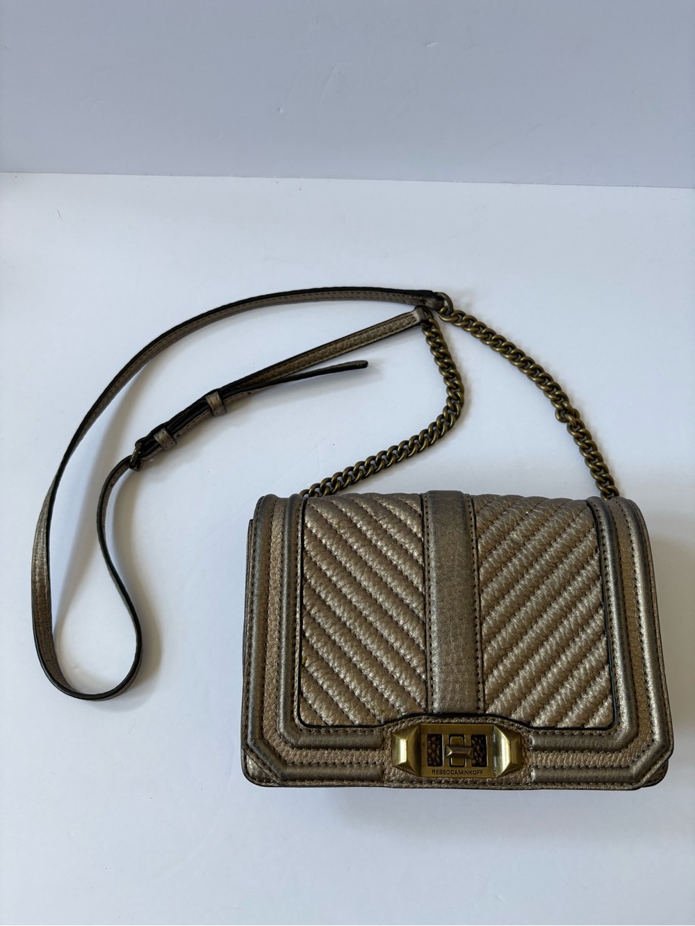 Rebecca Minkoff Metallic Taupe Chevron Quilted Crossbody